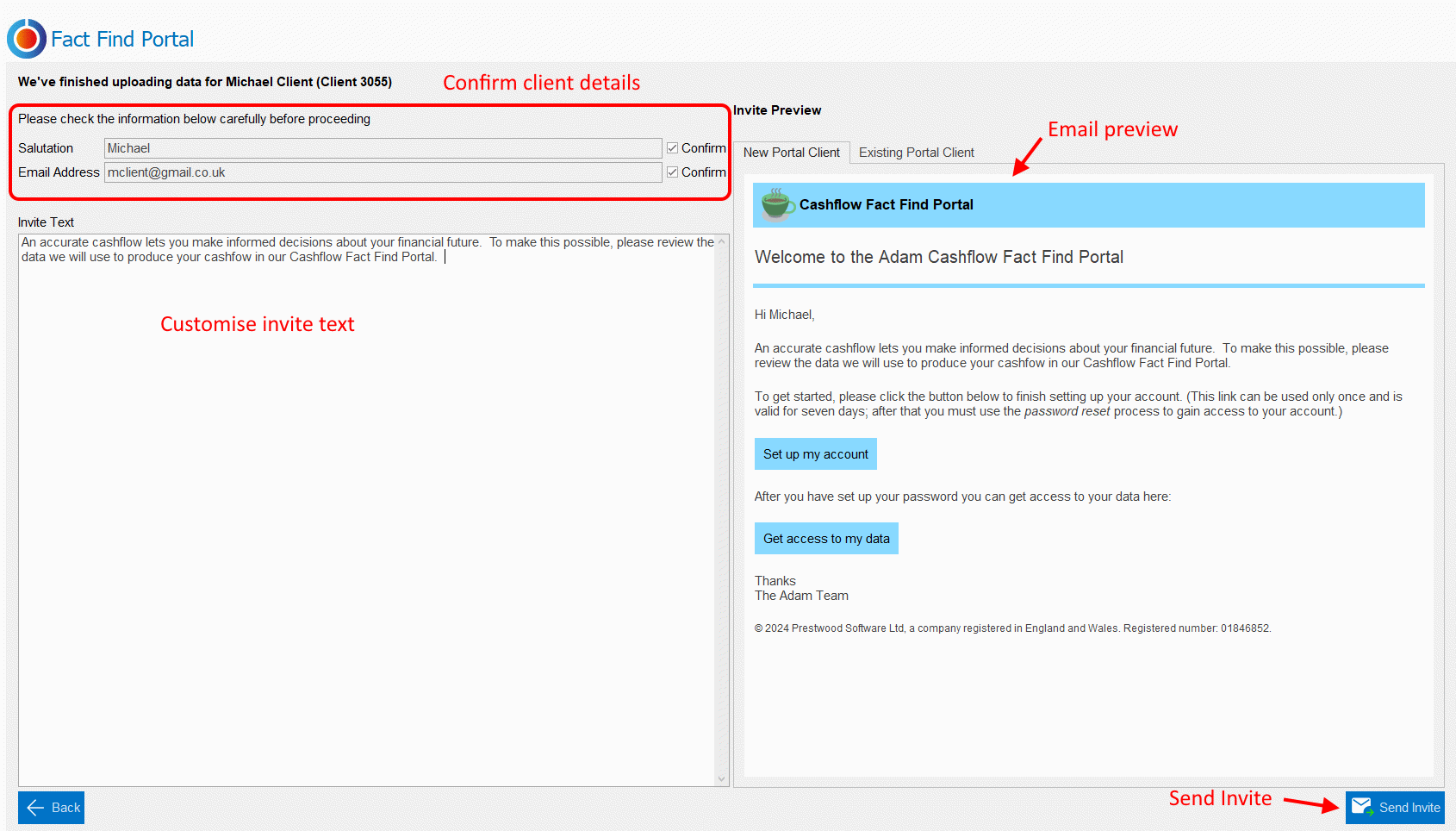 prestwood truth cashflow fact find portal invite screen options