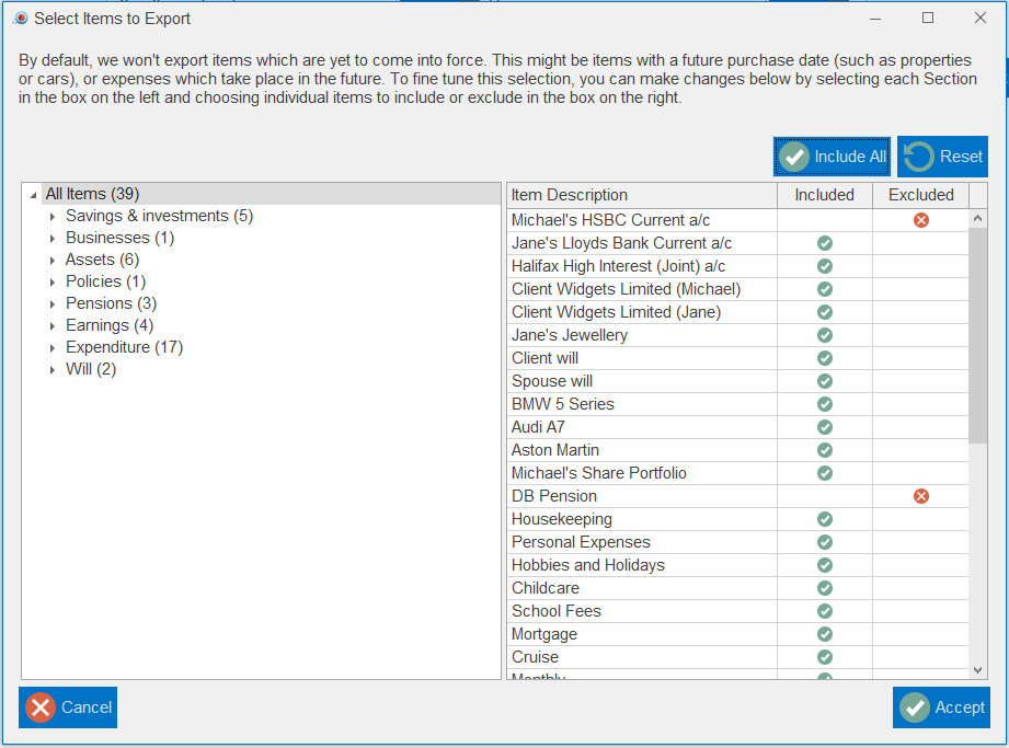 truth cashflow fact find portal select items to export