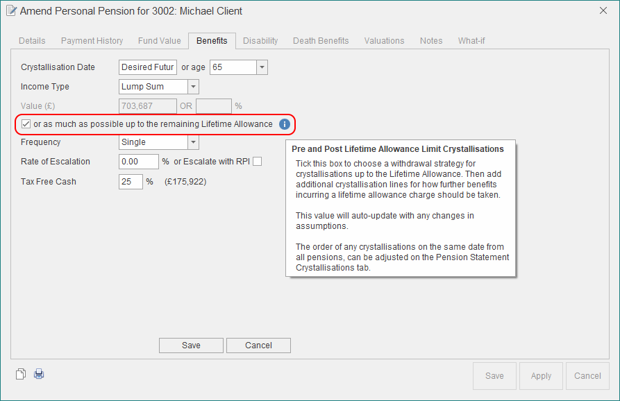 prestwood truth software release notes advanced lifetime allowance planning up to lta pension crystallisation retirement benefit option